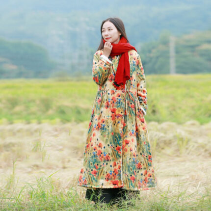 Vintage Floral Linen Long Coat Chinese Style Winter