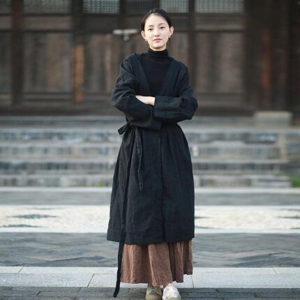 Sand-Washed V-Neck Linen Buttonless Tie-Up Coat for Women